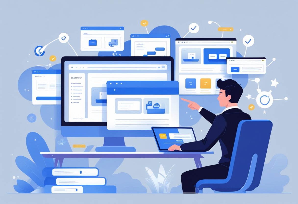 Seseorang duduk di depan laptop dengan beberapa jendela situs web mengambang di sekitarnya, sedang memilih salah satu situs yang disorot.