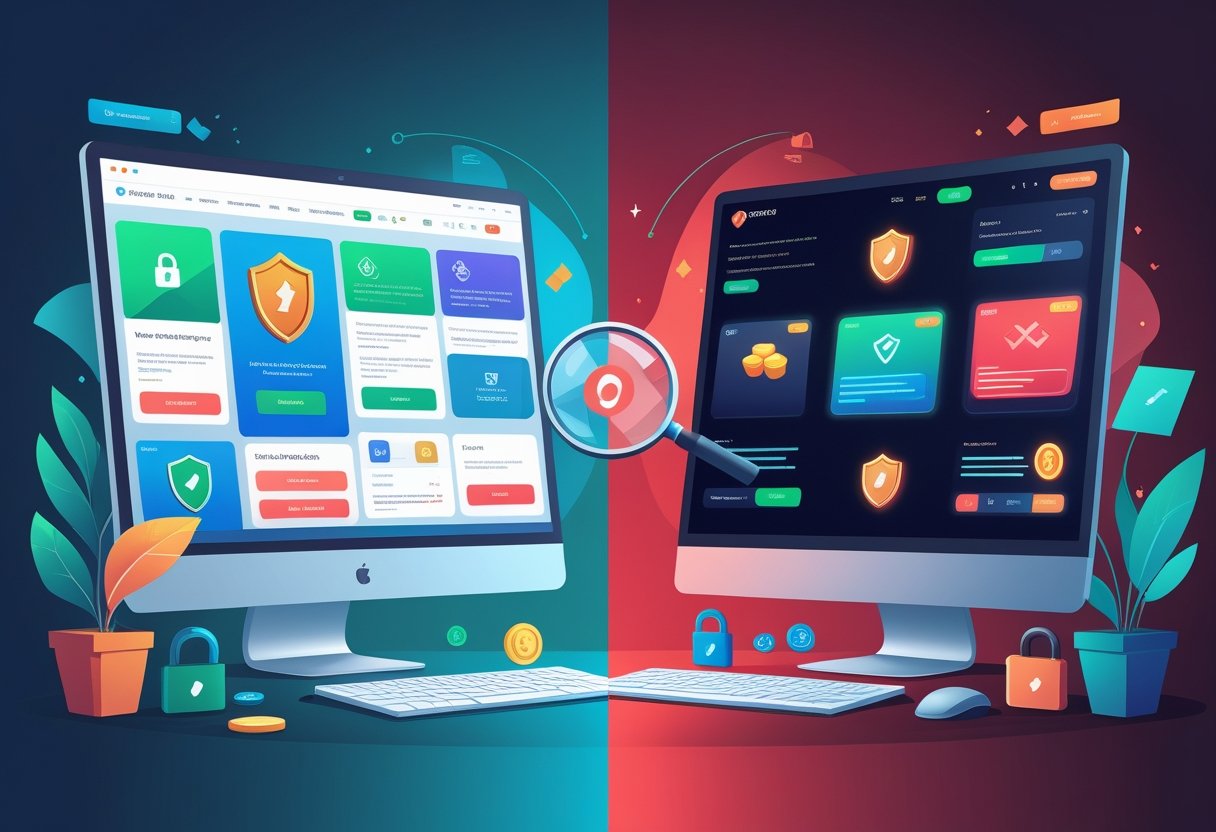 Ilustrasi dua layar komputer yang menunjukkan perbedaan antara situs slot resmi yang aman dan situs slot penipuan yang mencurigakan dengan pengguna yang bereaksi berbeda.