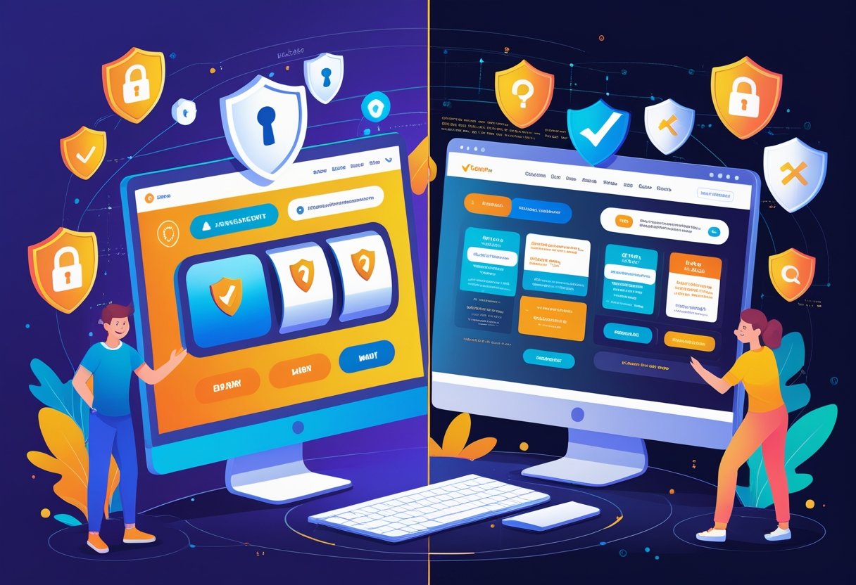 Ilustrasi dua sisi menunjukkan perbedaan antara situs slot resmi yang aman dan situs slot scam yang berbahaya dengan pengguna yang berbeda ekspresi pada masing-masing sisi.
