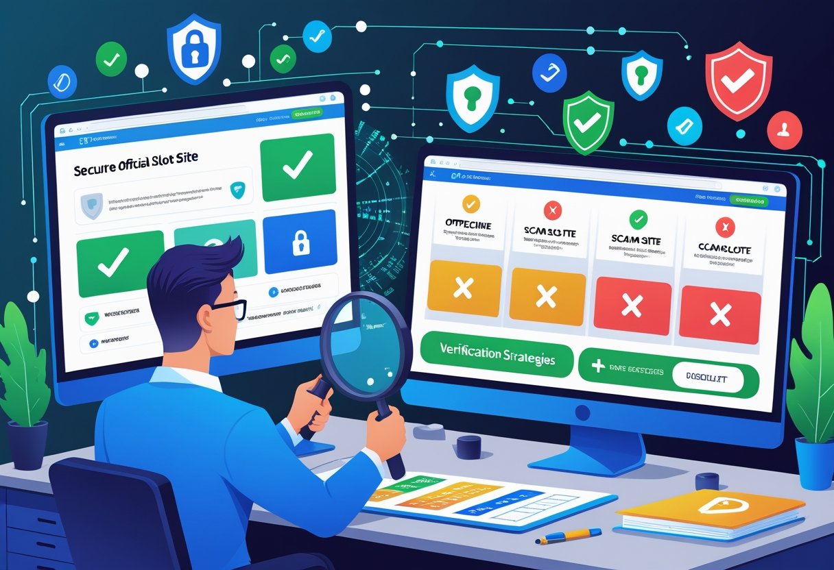 Seorang ahli keamanan siber sedang memeriksa layar komputer yang menunjukkan situs slot resmi dengan tanda centang hijau dan situs slot scam dengan tanda peringatan merah.